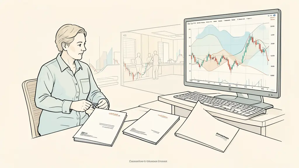 Editorial photograph of a trader comparing five unbranded folders beside a stock chart workstation, with a professional trading floor visible in the background