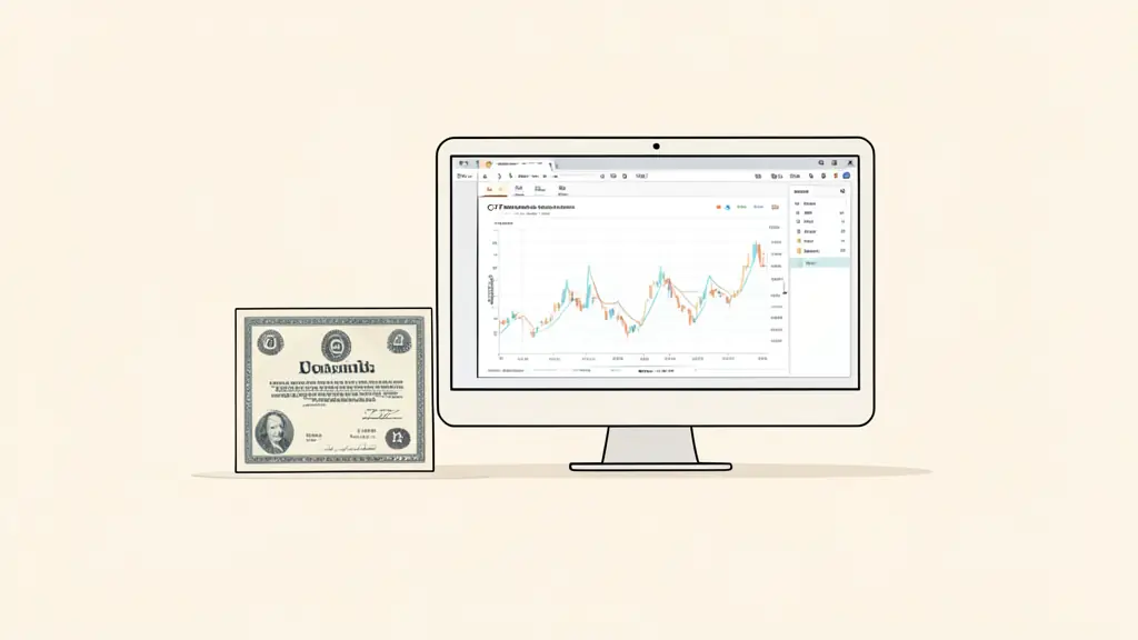 Editorial photograph showing a physical stock certificate, a CFD chart on a monitor and a simulated trading dashboard, without visible text or logos