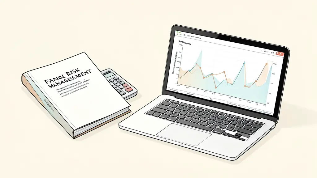 A professional workspace with a financial risk management textbook, a calculator, and a laptop showing quantitative charts, editorial style, high quality