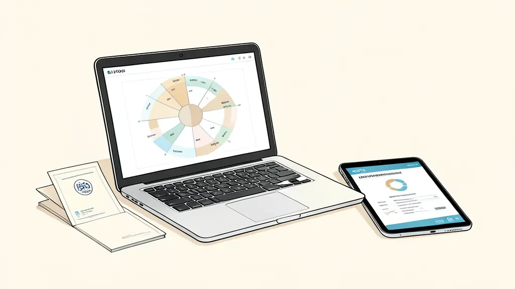 A professional desk with a laptop showing a risk matrix, a certified ISO 31000 diploma nearby, and a CPF funding application form on a tablet