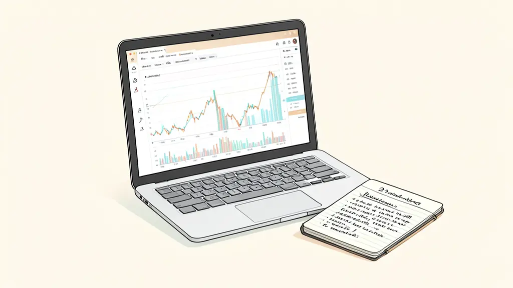 A professional trading workspace with a laptop showing a detailed data dashboard with colorful performance charts and a notebook for qualitative notes, editorial style, high resolution