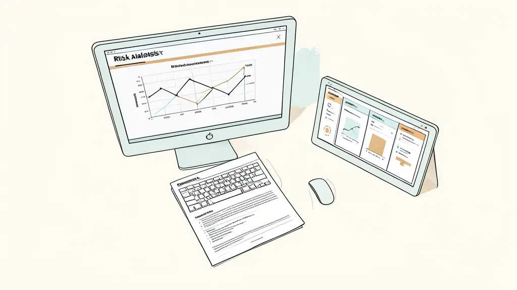 A professional workspace with a risk analysis matrix on a screen, a structured continuity plan document on the desk, and a digital dashboard showing risk alerts, editorial style, top view