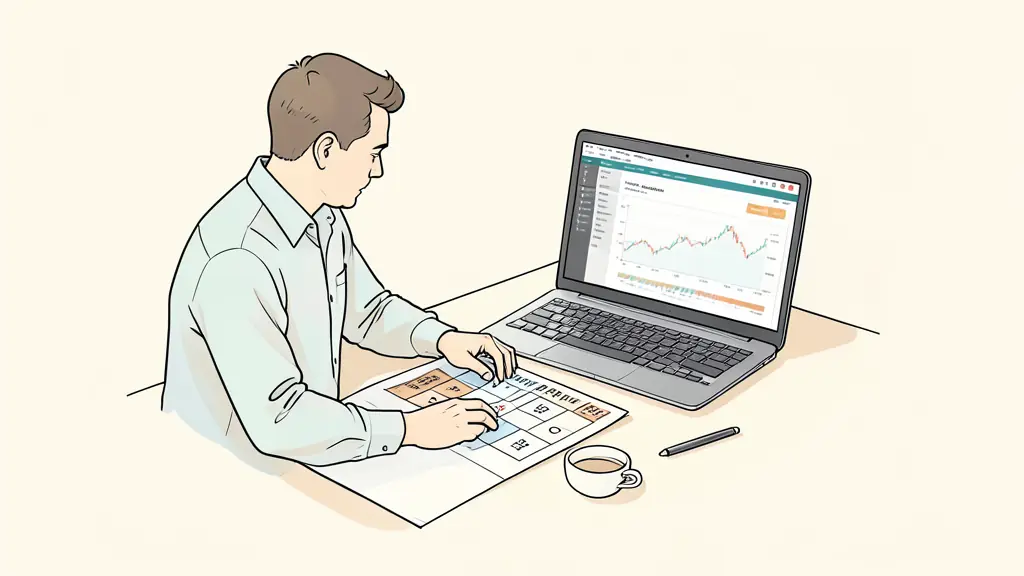 Editorial photograph of a trader reviewing a four-by-four risk matrix on a desk, with a trading platform open and a drawdown alert visible, no text or logo