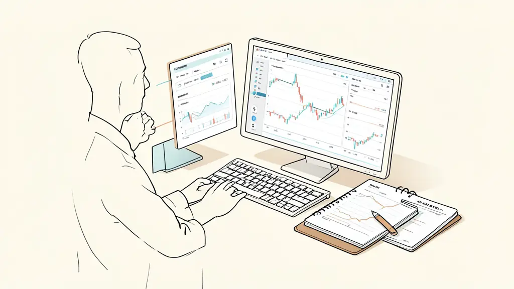 trader reviewing a simulated trading dashboard, contract pages beside the keyboard, risk limits highlighted on a notebook