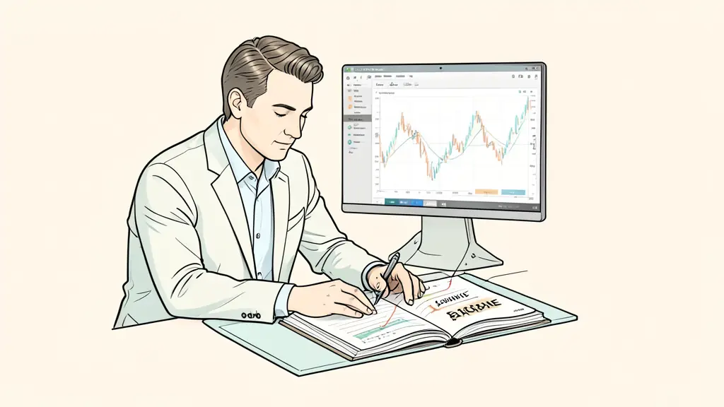 risk manager calculating position size, three losing trades marked in a journal, trading platform visible in the background