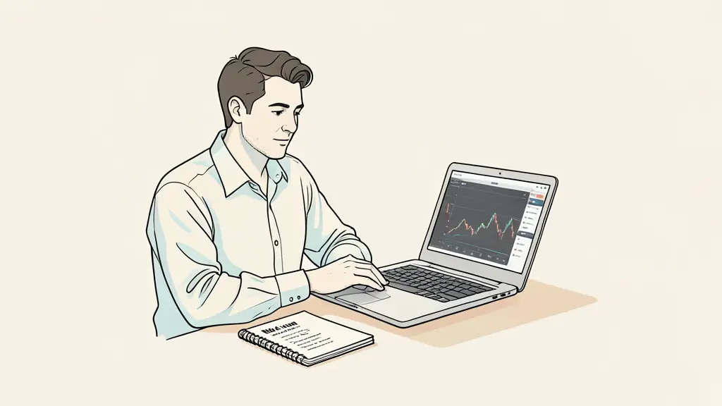trader reviewing evaluation rules on a laptop, risk limits highlighted on a notebook, trading platform visible without logos