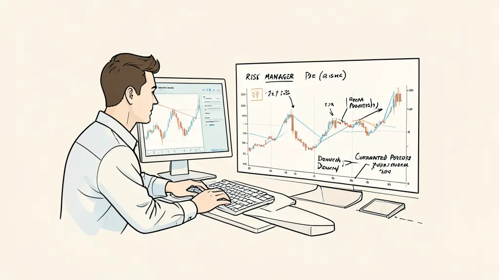 risk manager calculating position size beside a trading screen, handwritten drawdown figures, correlated positions marked on a chart