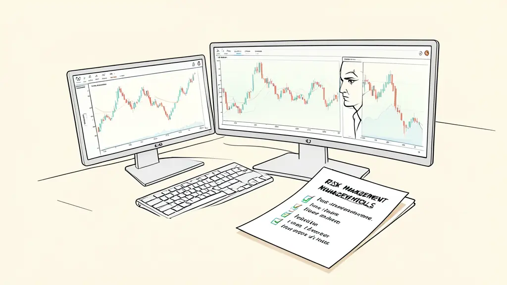 A professional trader's desk with multiple monitors showing candle charts, a focused expression, and a printed list of risk management rules with checkmarks