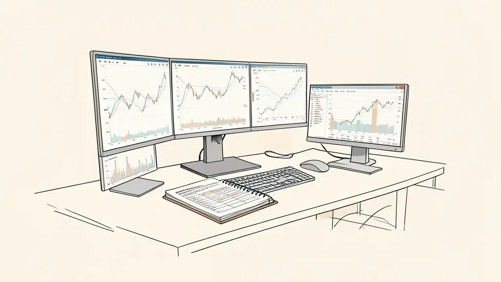 Professional trading workstation with multiple monitors displaying financial charts, a notebook with risk management calculations, and a clean office environment in Sandton, South Africa, editorial style