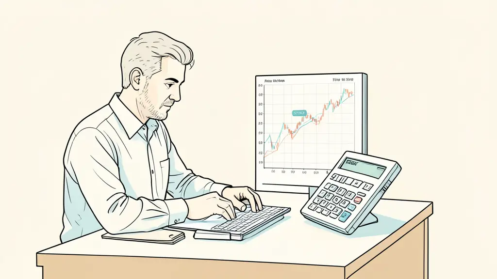 Editorial photograph of a trader calculating position size beside a price chart, visible stop level and risk calculator on desk, no text, no logo