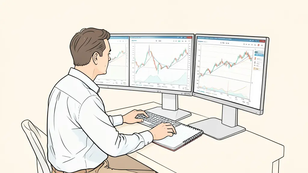Professional trader reviewing one documented market setup on dual monitors, risk notebook and trading chart visible, editorial photography, no text, no logo