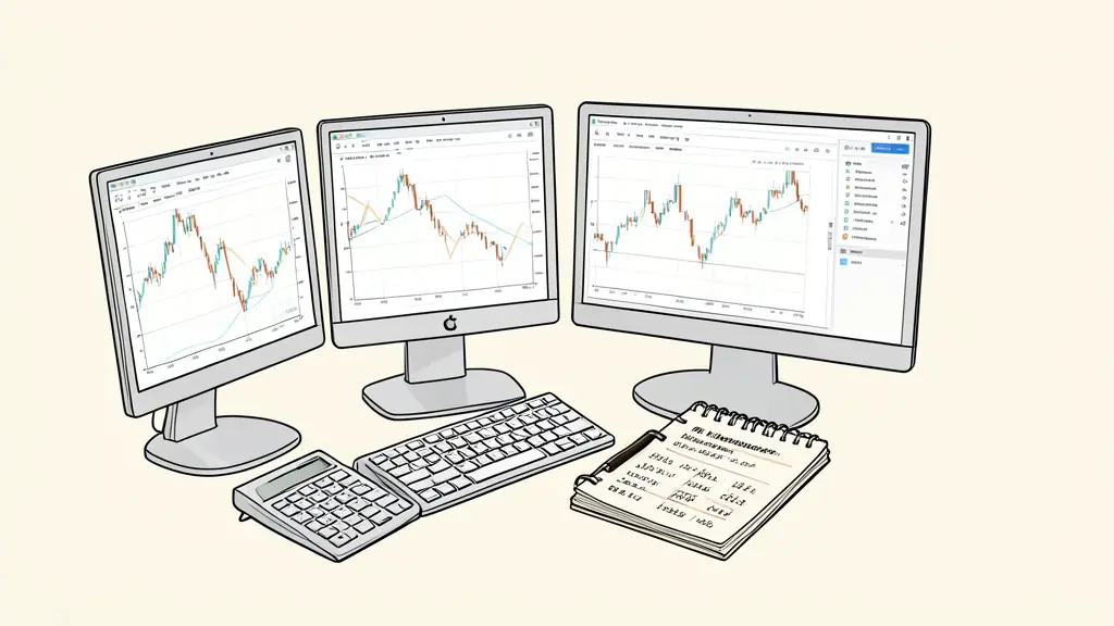 A professional trading workspace with multiple monitors displaying candlestick charts, a calculator, and a notebook with risk management calculations, editorial style, no text